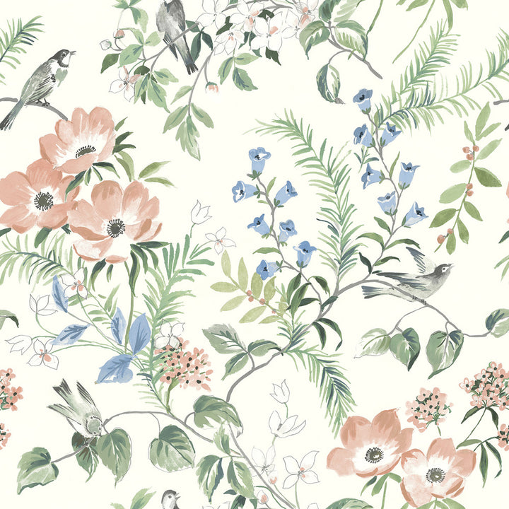 Frederique Multicolor Bloom Wallpaper by Chesapeake Delphine Covers about 56.4 square feet 20.5-in by 33-ft long roll Prepasted 20.5 - Fabric Carolina -