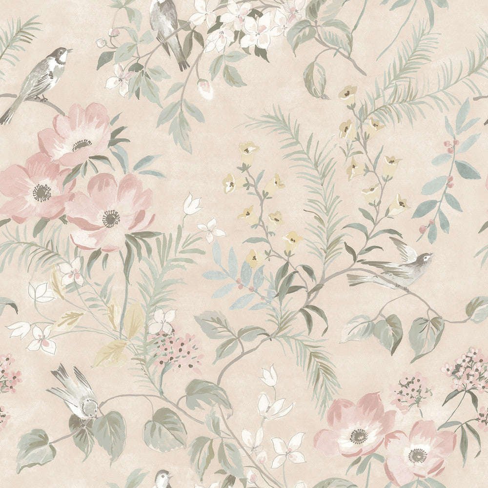 Frederique Blush Bloom Wallpaper by Chesapeake Delphine Covers about 56.4 square feet 20.5-in by 33-ft long roll Prepasted 20.5 - Fabric Carolina -