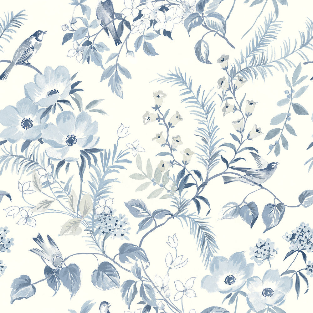 Frederique Blue Floral Wallpaper by Chesapeake Delphine Covers about 56.4 square feet 20.5-in by 33-ft long roll Prepasted 20.5 - Fabric Carolina -