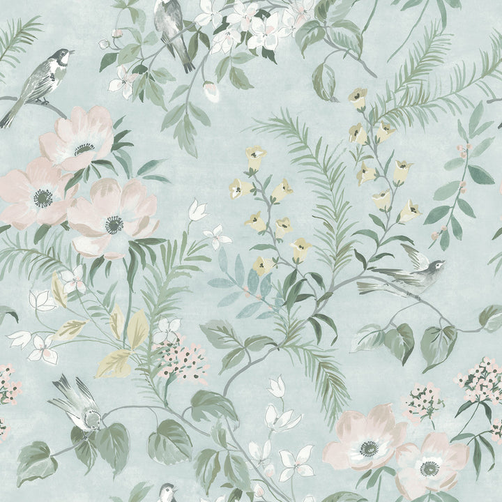 Frederique Mint Floral Wallpaper by Chesapeake Delphine Covers about 56.4 square feet 20.5-in by 33-ft long roll Prepasted 20.5 - Fabric Carolina -