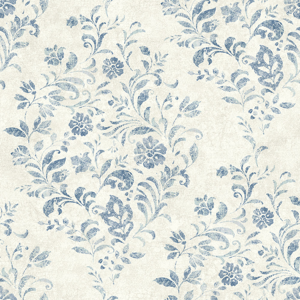 Isidore Blue Scroll Wallpaper by Chesapeake Delphine Covers about 56.4 square feet 20.5-in by 33-ft long roll Prepasted 20.5 - Fabric Carolina -