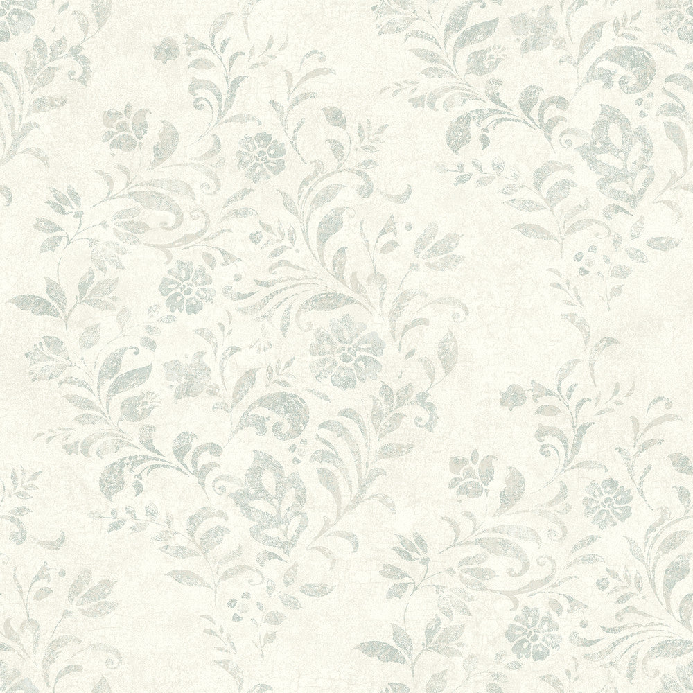 Isidore Aqua Scroll Wallpaper by Chesapeake Delphine Covers about 56.4 square feet 20.5-in by 33-ft long roll Prepasted 20.5 - Fabric Carolina -