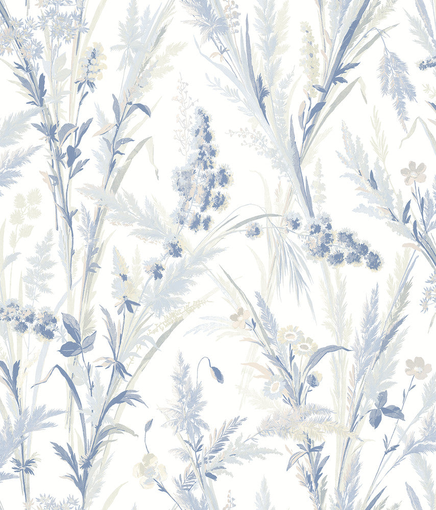 Hillaire Navy Meadow Wallpaper by Chesapeake Delphine Covers about 56.4 square feet 20.5-in by 33-ft long roll Prepasted 24 - Fabric Carolina -