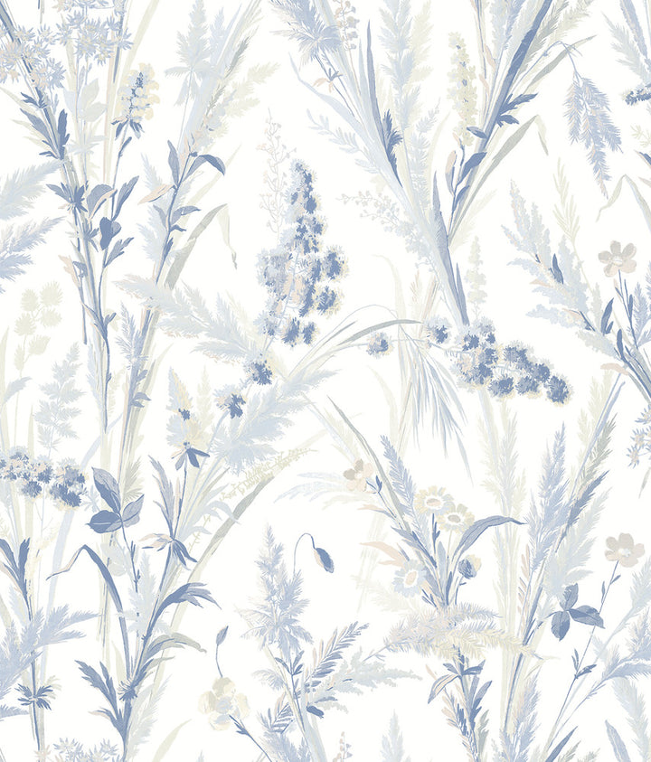 Hillaire Navy Meadow Wallpaper by Chesapeake Delphine Covers about 56.4 square feet 20.5-in by 33-ft long roll Prepasted 24 - Fabric Carolina -