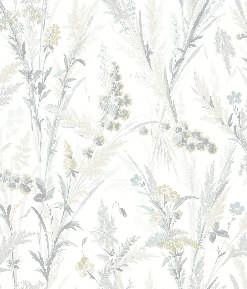 Hillaire Light Blue Meadow Wallpaper by Chesapeake Delphine Covers about 56.4 square feet 20.5-in by 33-ft long roll Prepasted 24 - Fabric Carolina -