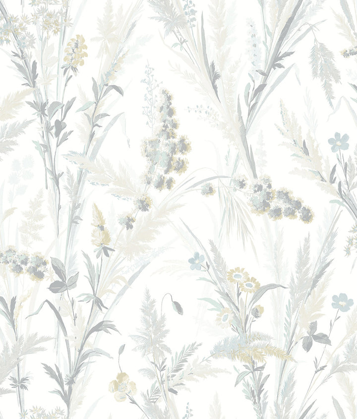 Hillaire Light Blue Meadow Wallpaper by Chesapeake Delphine Covers about 56.4 square feet 20.5-in by 33-ft long roll Prepasted 24 - Fabric Carolina -