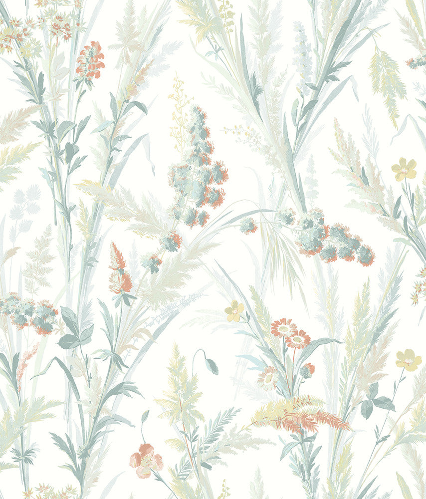Hillaire Teal Meadow Wallpaper by Chesapeake Delphine Covers about 56.4 square feet 20.5-in by 33-ft long roll Prepasted 24 - Fabric Carolina -