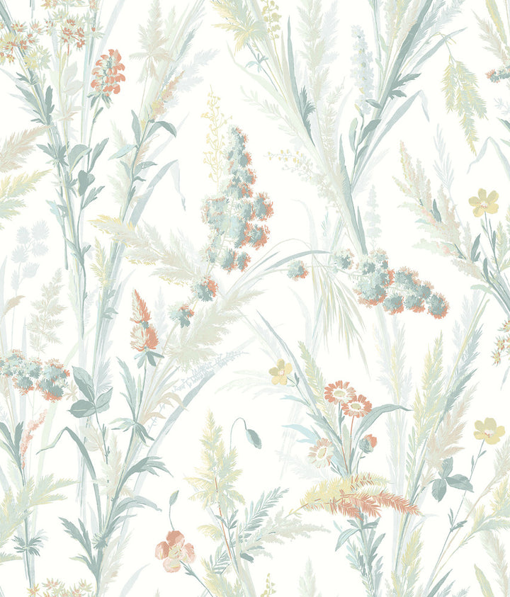 Hillaire Teal Meadow Wallpaper by Chesapeake Delphine Covers about 56.4 square feet 20.5-in by 33-ft long roll Prepasted 24 - Fabric Carolina -
