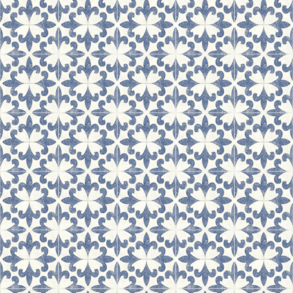 Remy Blue Fleur Tile Wallpaper by Chesapeake Delphine Covers about 56.4 square feet 20.5-in by 33-ft long roll Prepasted 20.5 - Fabric Carolina -