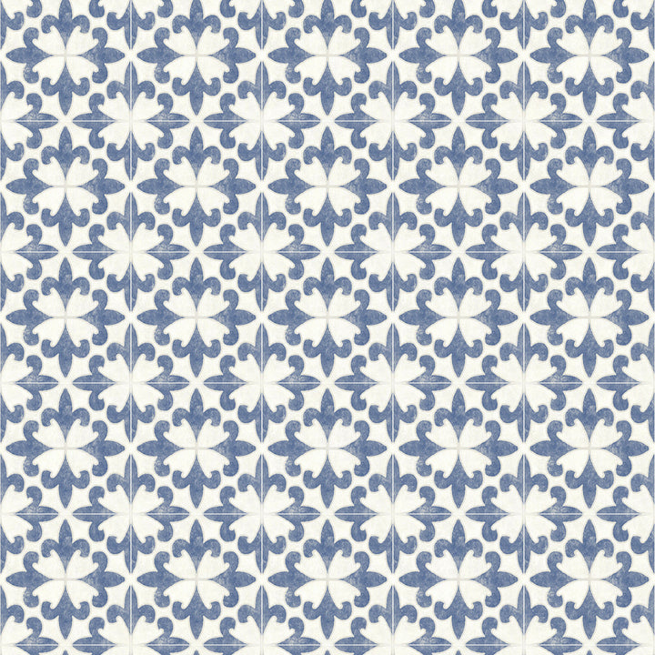 Remy Blue Fleur Tile Wallpaper by Chesapeake Delphine Covers about 56.4 square feet 20.5-in by 33-ft long roll Prepasted 20.5 - Fabric Carolina -