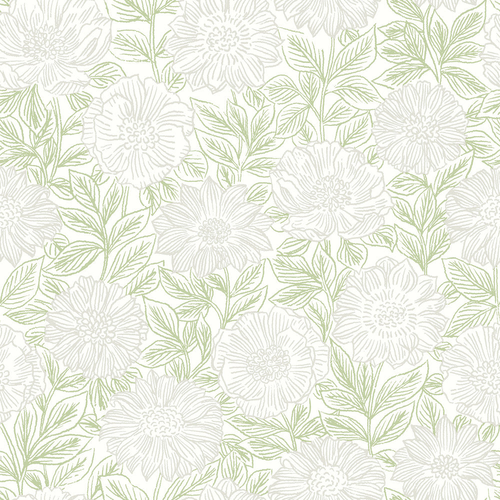 Faustin Green Floral Wallpaper by Chesapeake Delphine Covers about 56.4 square feet 20.5-in by 33-ft long roll Prepasted 20.5 - Fabric Carolina -