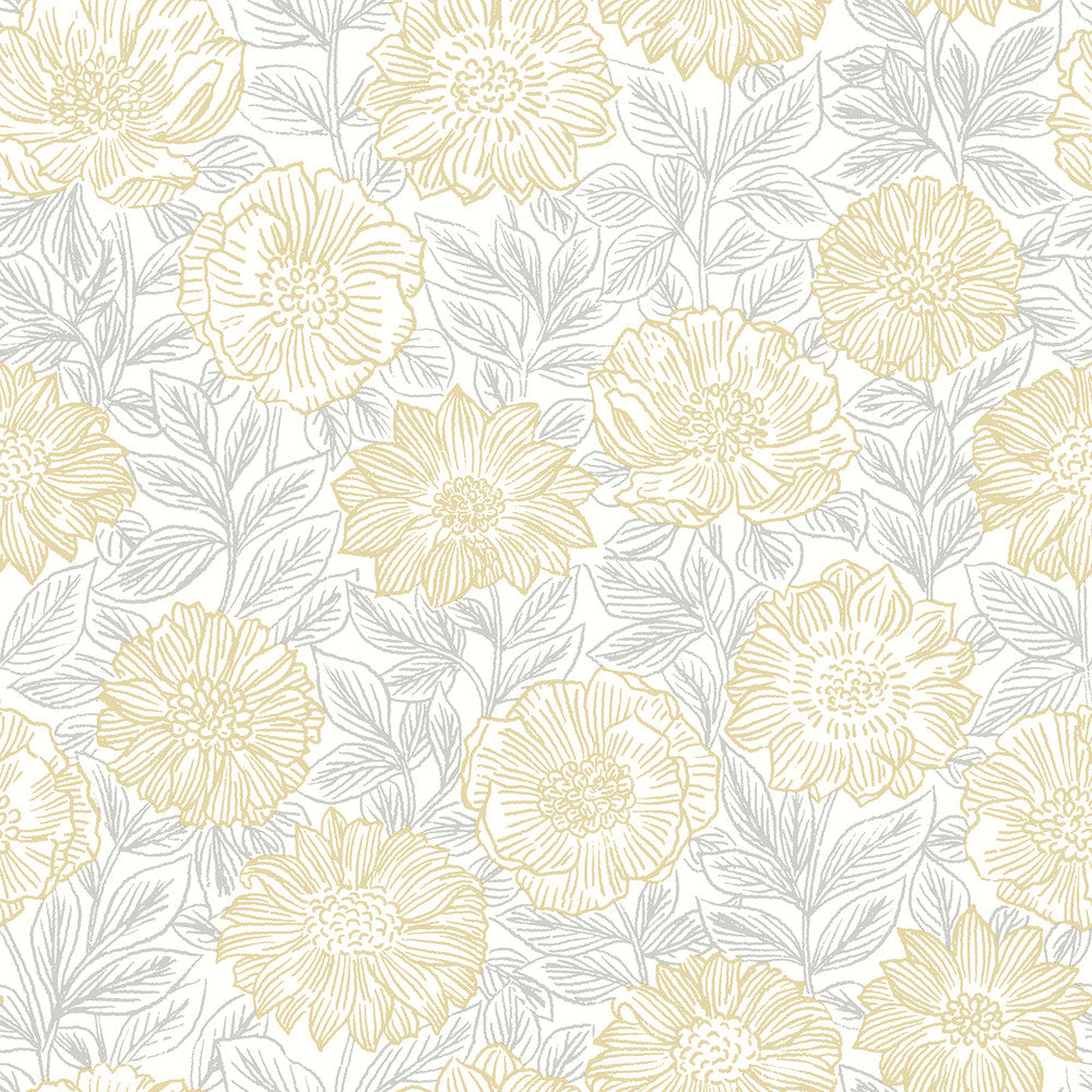 Faustin Yellow Floral Wallpaper by Chesapeake Delphine Covers about 56.4 square feet 20.5-in by 33-ft long roll Prepasted 20.5 - Fabric Carolina -