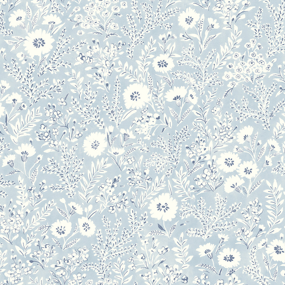 Agathon Light Blue Floral Wallpaper by Chesapeake Delphine Covers about 56.4 square feet 20.5-in by 33-ft long roll Prepasted 20.5 - Fabric Carolina -