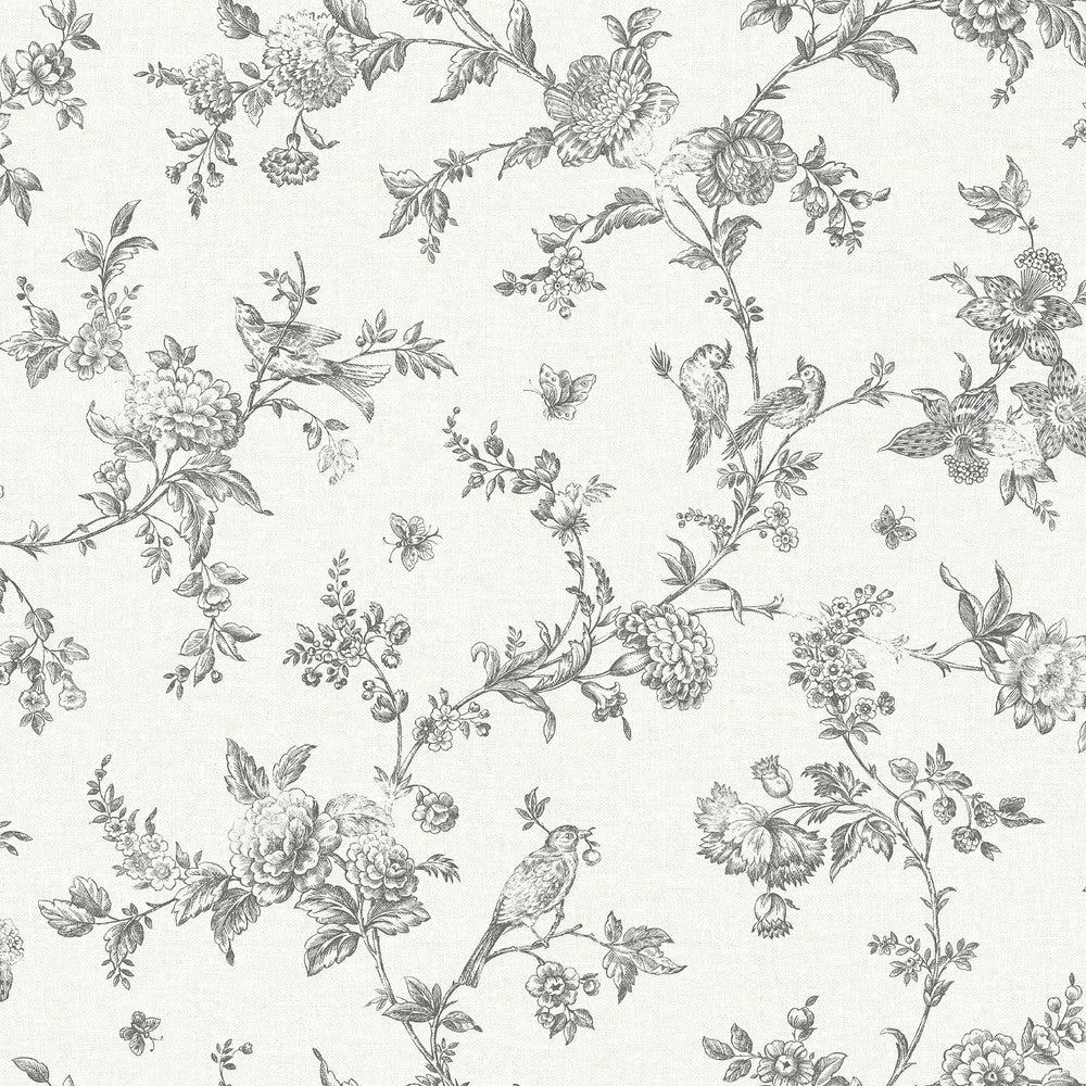 Nightingale Charcoal Floral Trail Wallpaper by Chesapeake Delphine Covers about 56.4 square feet 20.5-in by 33-ft long roll Prepasted 20.5 - Fabric Carolina -