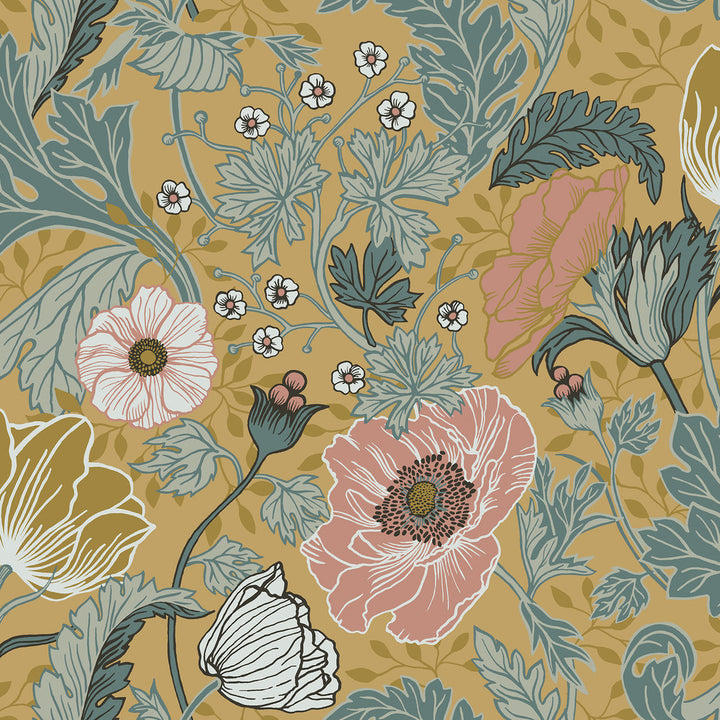 Anemone Mustard Floral Wallpaper by A-Street Prints Ingrid Covers about 56.4 square feet 20.5-in by 33-ft long roll Unpasted 20.9 - Fabric Carolina -