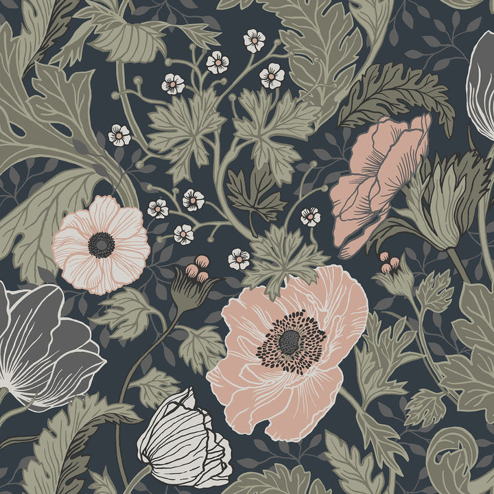 Anemone Navy Floral Wallpaper by A-Street Prints Ingrid Covers about 57.5 square feet 20.9-in by 33-ft long roll Unpasted 20.9 - Fabric Carolina -