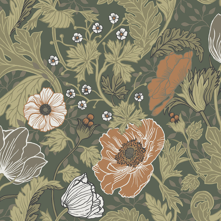 Anemone Green Floral Wallpaper by A-Street Prints Ingrid Covers about 57.5 square feet 20.9-in by 33-ft long roll Unpasted 20.9 - Fabric Carolina -