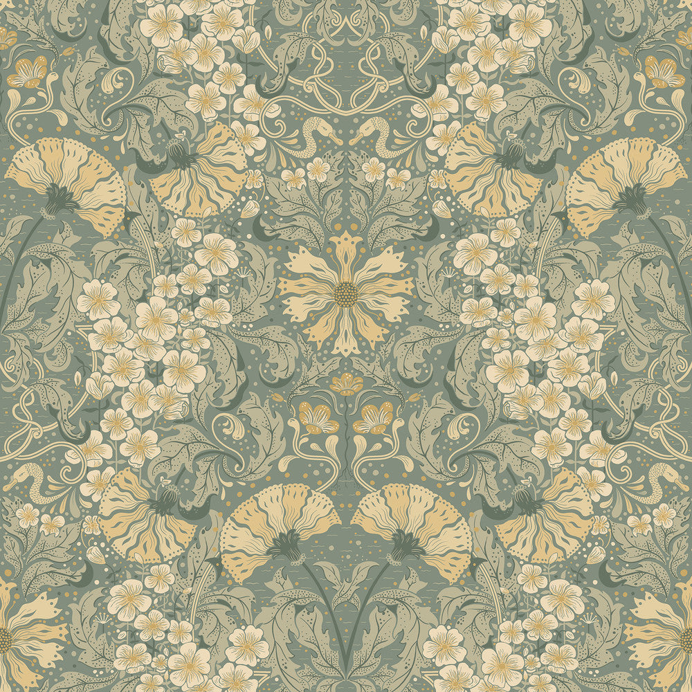 Ojvind Sea Green Floral Ogee Wallpaper by A-Street Prints Ingrid Covers about 57.5 square feet 20.9-in by 33-ft long roll Unpasted 20.9 - Fabric Carolina -