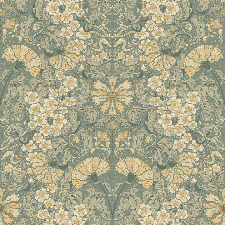 Ojvind Sea Green Floral Ogee Wallpaper by A-Street Prints Ingrid Covers about 57.5 square feet 20.9-in by 33-ft long roll Unpasted 20.9 - Fabric Carolina -