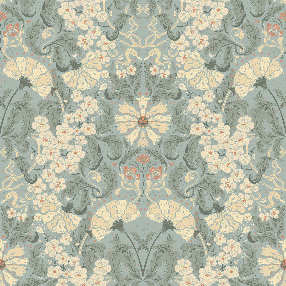 Ojvind Light Blue Floral Ogee Wallpaper by A-Street Prints Ingrid Covers about 57.5 square feet 20.9-in by 33-ft long roll Unpasted 20.9 - Fabric Carolina -