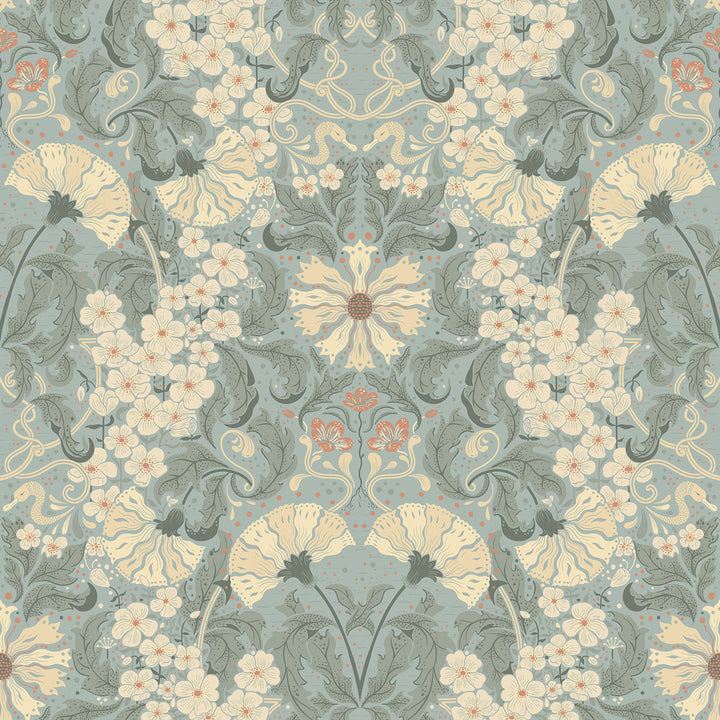 Ojvind Light Blue Floral Ogee Wallpaper by A-Street Prints Ingrid Covers about 57.5 square feet 20.9-in by 33-ft long roll Unpasted 20.9 - Fabric Carolina -