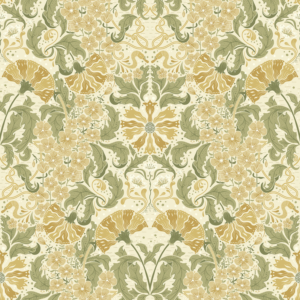 Ojvind Gold Floral Ogee Wallpaper by A-Street Prints Ingrid Covers about 57.5 square feet 20.9-in by 33-ft long roll Unpasted 20.9 - Fabric Carolina -