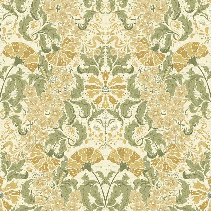 Ojvind Gold Floral Ogee Wallpaper by A-Street Prints Ingrid Covers about 57.5 square feet 20.9-in by 33-ft long roll Unpasted 20.9 - Fabric Carolina -