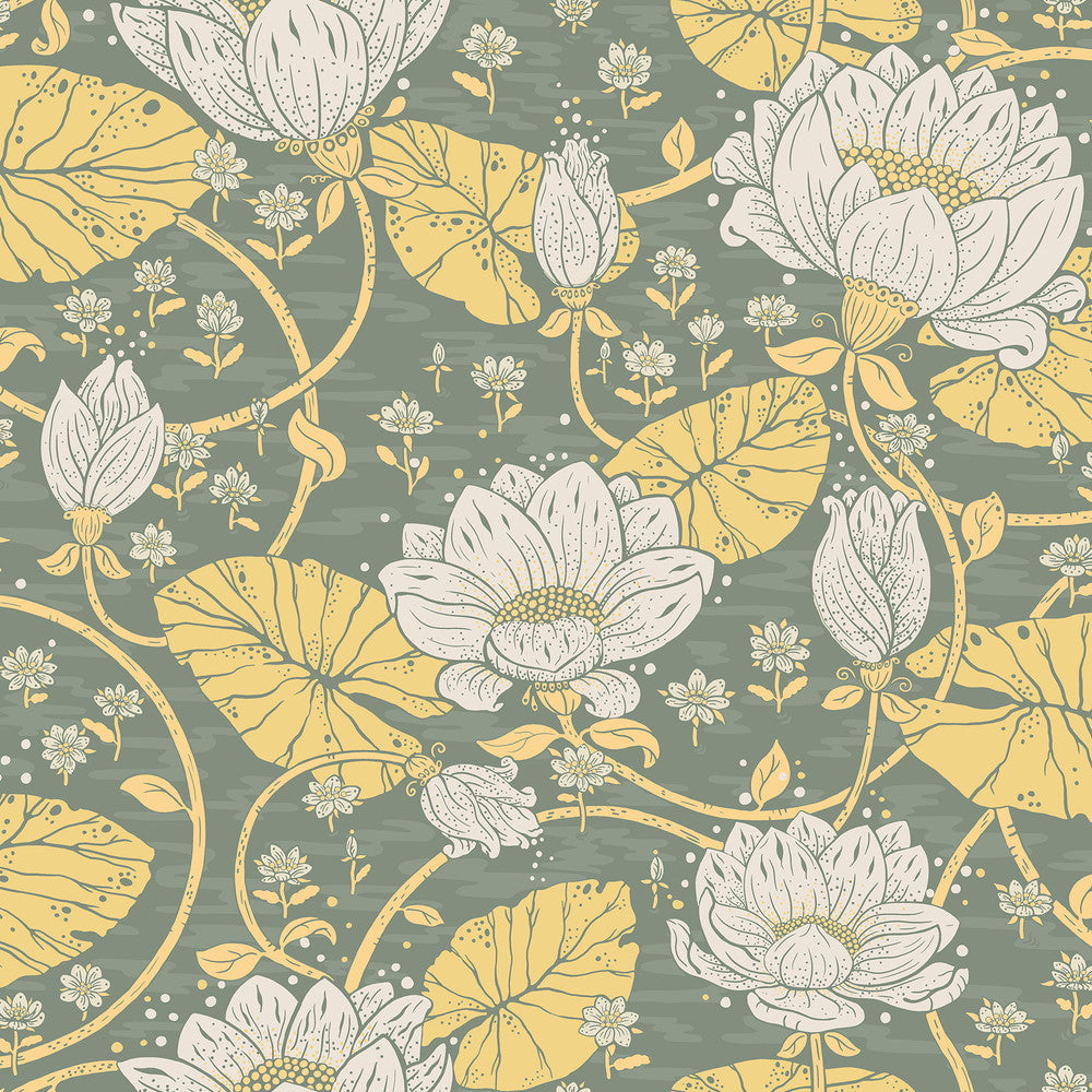 Eva Yellow Lotus Dreams Wallpaper by A-Street Prints Ingrid Covers about 57.5 square feet 20.9-in by 33-ft long roll Unpasted 20.9 - Fabric Carolina -