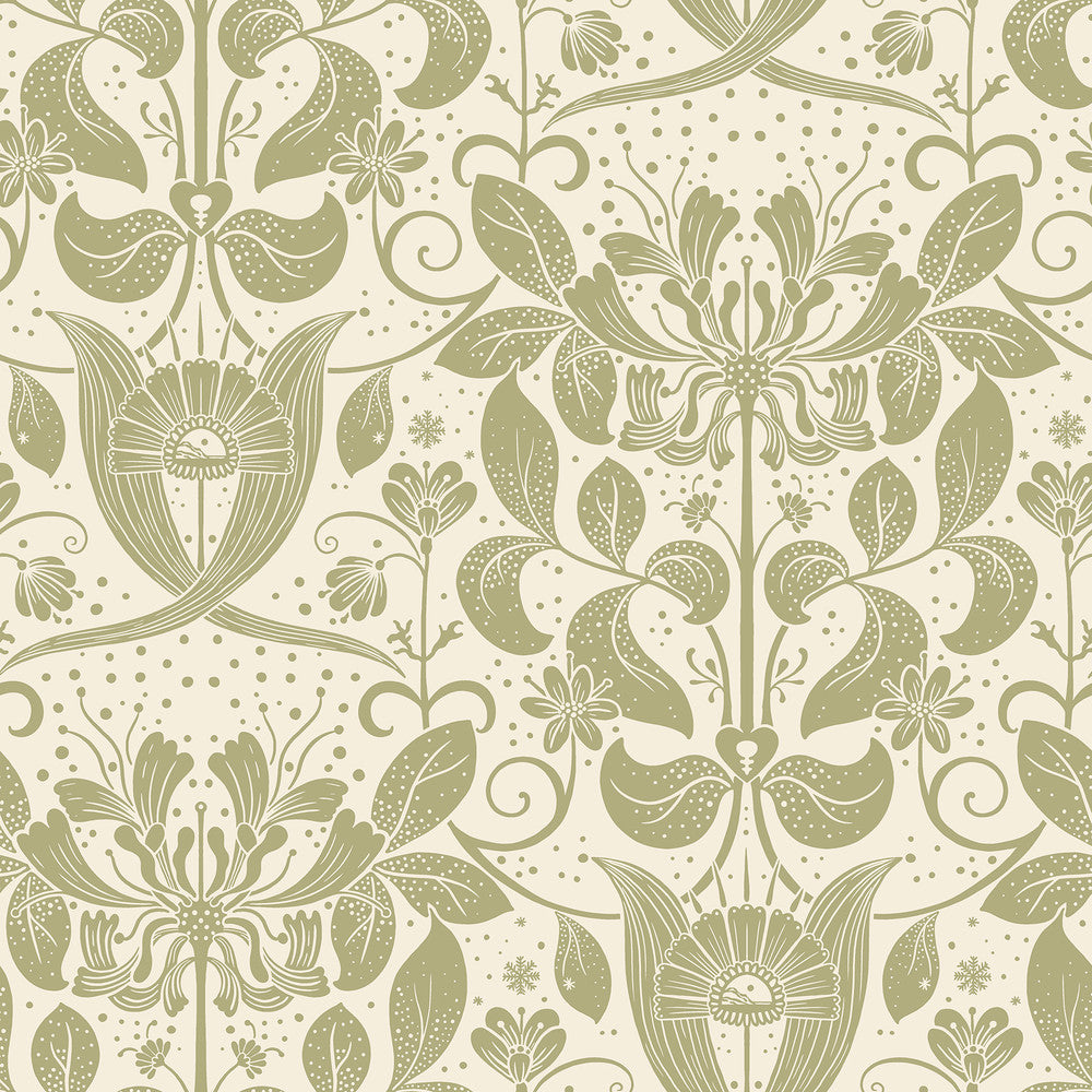 Berit Olive Floral Crest Wallpaper by A-Street Prints Ingrid Covers about 57.5 square feet 20.9-in by 33-ft long roll Unpasted 20.9 - Fabric Carolina -