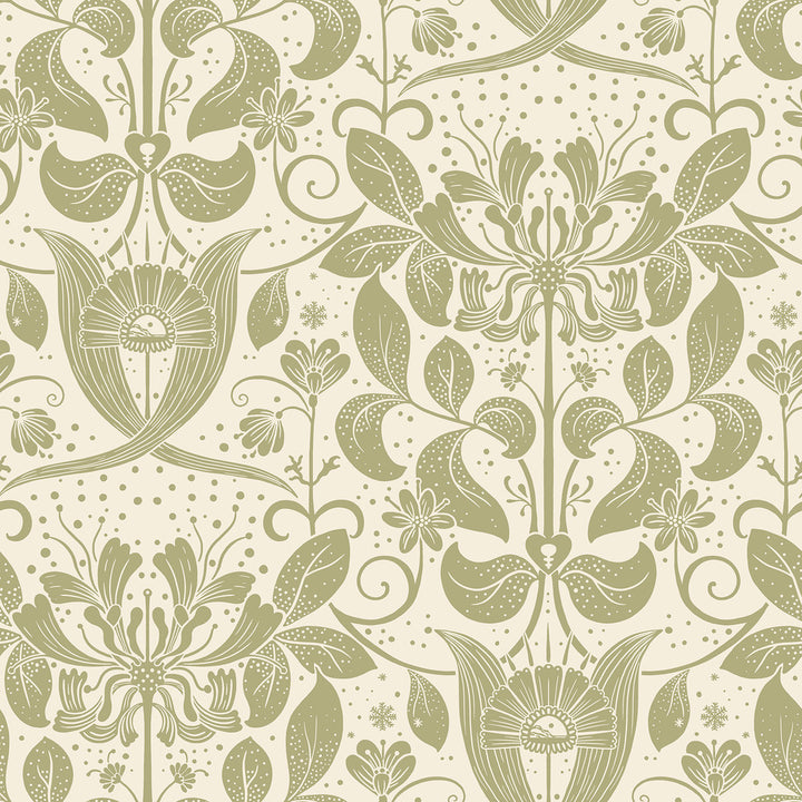 Berit Olive Floral Crest Wallpaper by A-Street Prints Ingrid Covers about 57.5 square feet 20.9-in by 33-ft long roll Unpasted 20.9 - Fabric Carolina -
