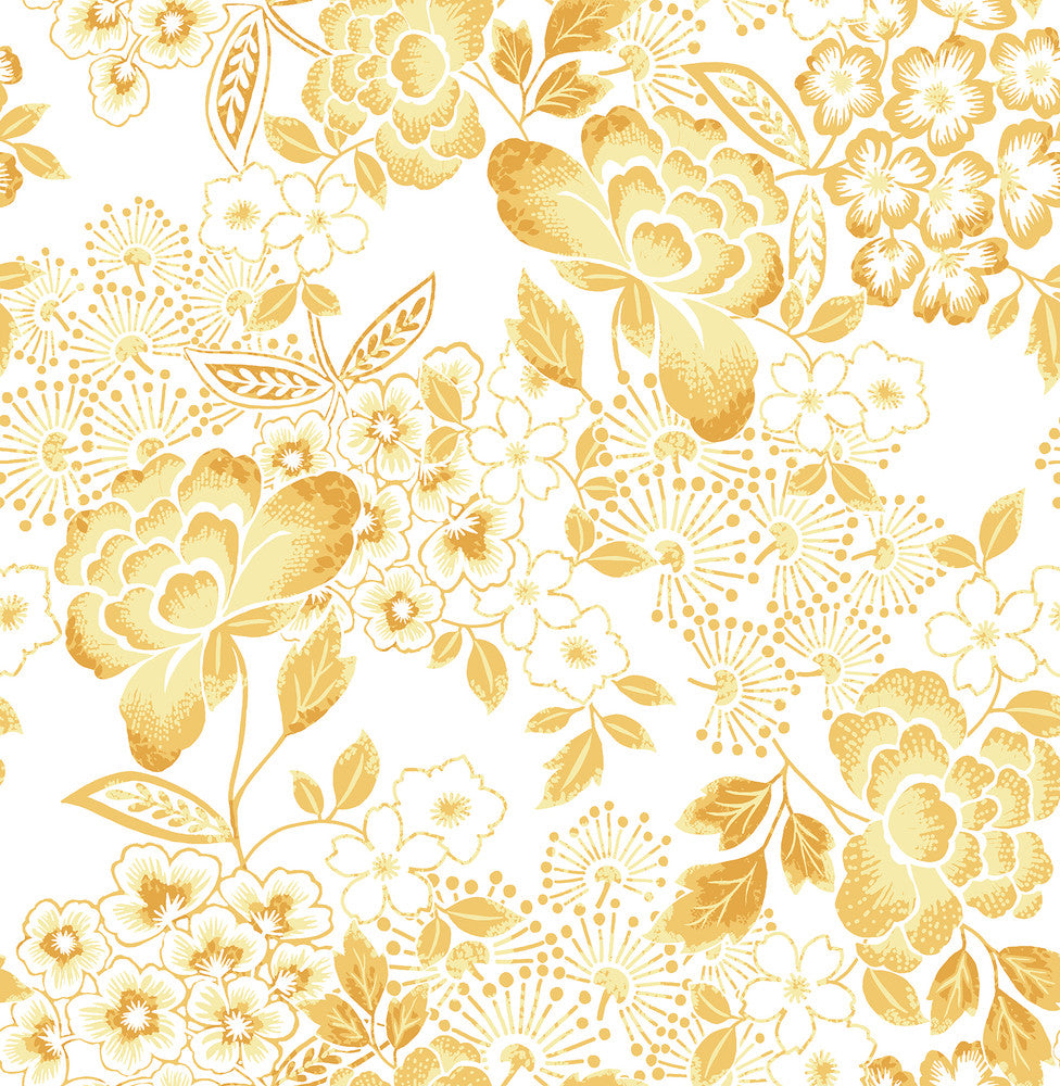 Irina Yellow Floral Blooms Wallpaper by A-Street Prints Happy Covers about 56.4 square feet 20.5-in by 33-ft long roll Unpasted 20.9 - Fabric Carolina -