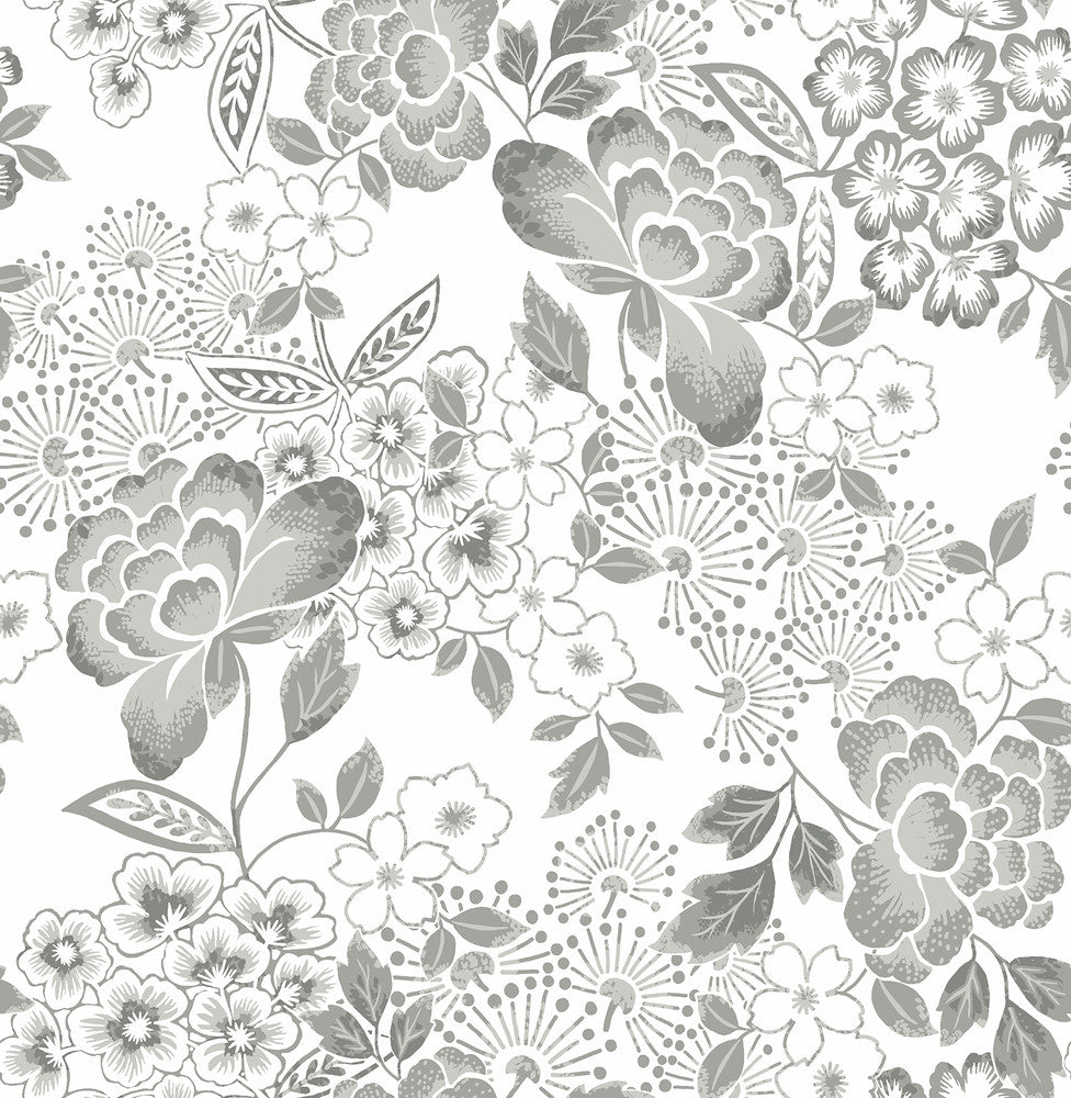 Irina Grey Floral Blooms Wallpaper by A-Street Prints Happy Covers about 56.4 square feet 20.5-in by 33-ft long roll Unpasted 20.9 - Fabric Carolina -