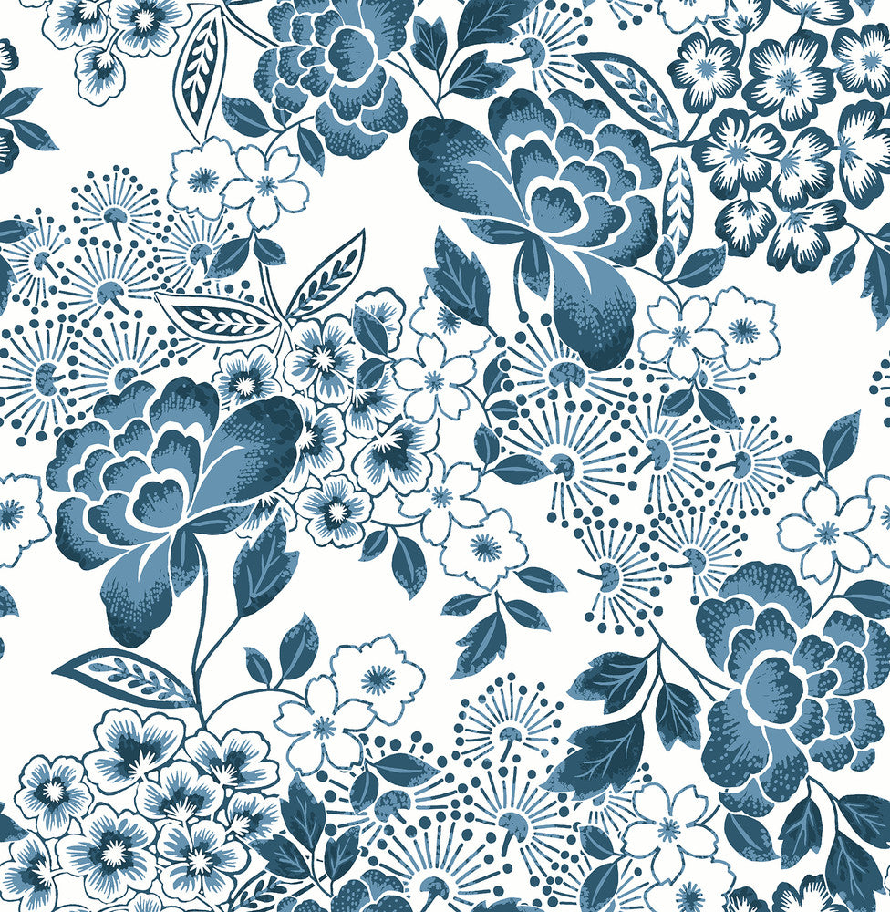 Irina Blue Floral Blooms Wallpaper by A-Street Prints Happy Covers about 56.4 square feet 20.5-in by 33-ft long roll Unpasted 20.9 - Fabric Carolina -