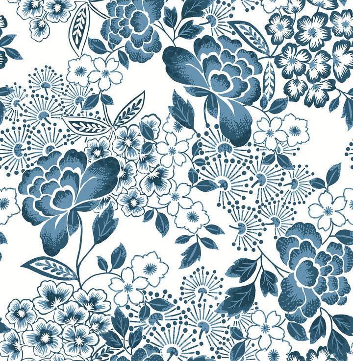 Irina Blue Floral Blooms Wallpaper by A-Street Prints Happy Covers about 56.4 square feet 20.5-in by 33-ft long roll Unpasted 20.9 - Fabric Carolina -