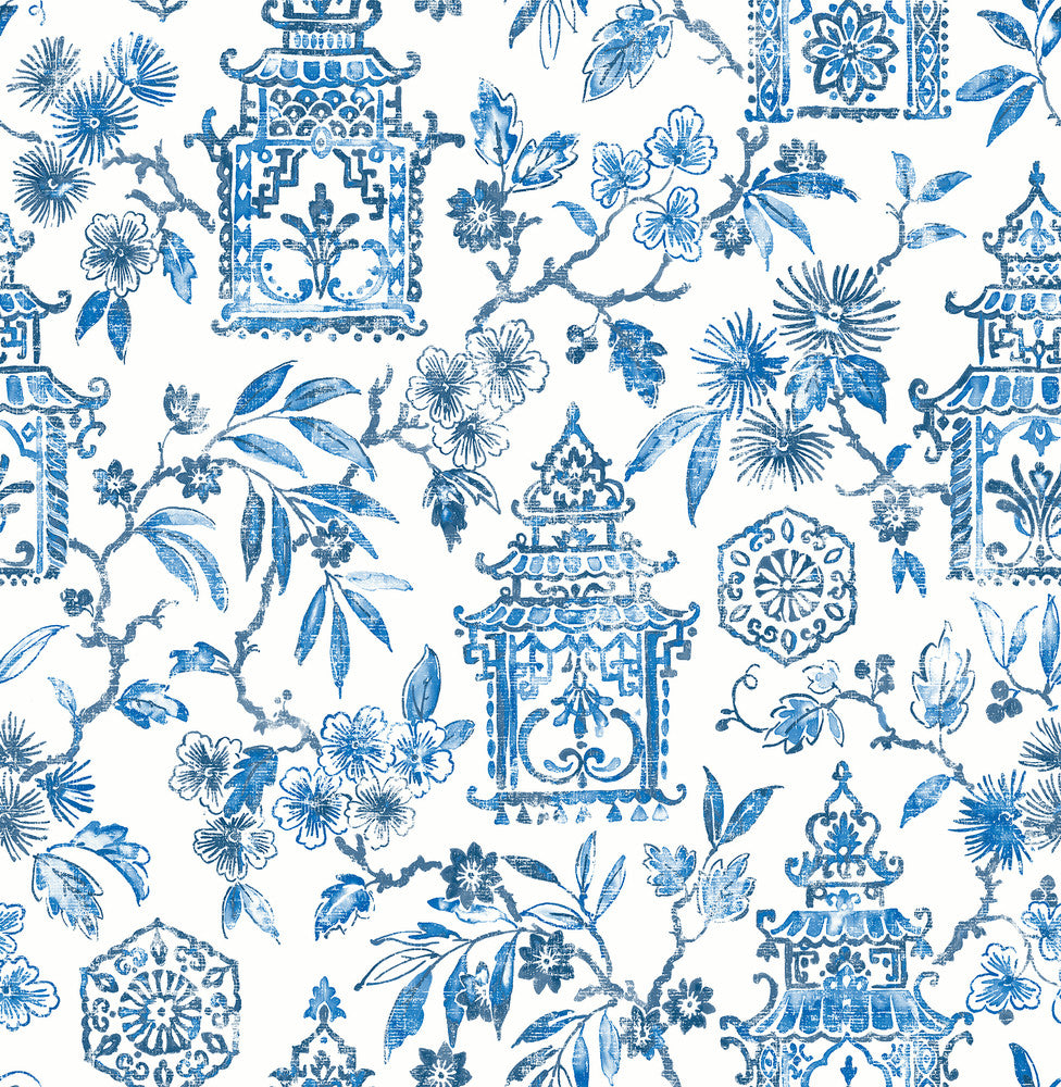 Helaine Blue Pagoda Wallpaper by A-Street Prints Happy Covers about 56.4 square feet 20.5-in by 33-ft long roll Unpasted 20.9 - Fabric Carolina -