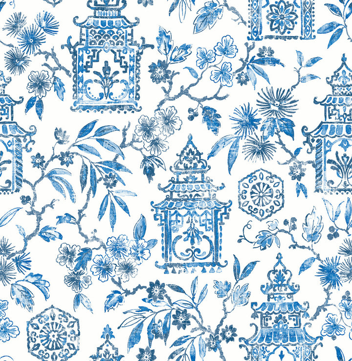 Helaine Blue Pagoda Wallpaper by A-Street Prints Happy Covers about 56.4 square feet 20.5-in by 33-ft long roll Unpasted 20.9 - Fabric Carolina -