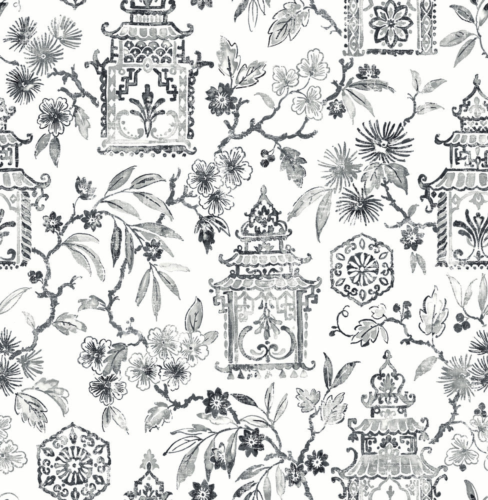 Helaine Charcoal Pagoda Wallpaper by A-Street Prints Happy Covers about 56.4 square feet 20.5-in by 33-ft long roll Unpasted 20.9 - Fabric Carolina -