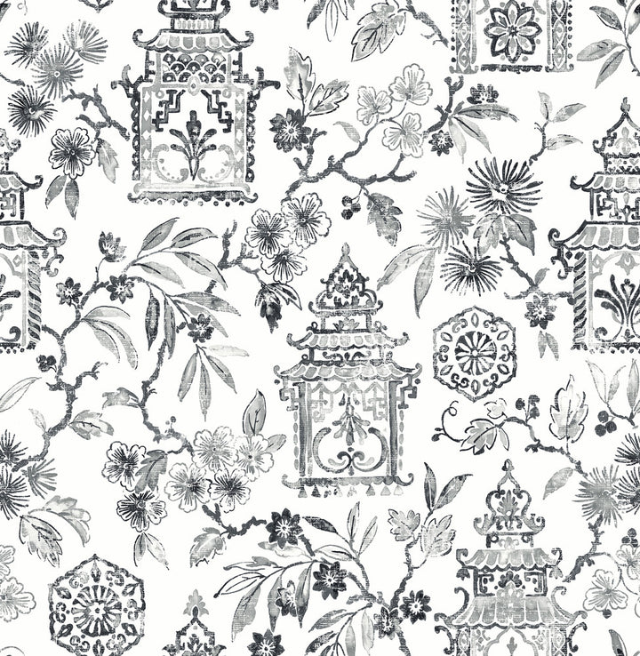 Helaine Charcoal Pagoda Wallpaper by A-Street Prints Happy Covers about 56.4 square feet 20.5-in by 33-ft long roll Unpasted 20.9 - Fabric Carolina -