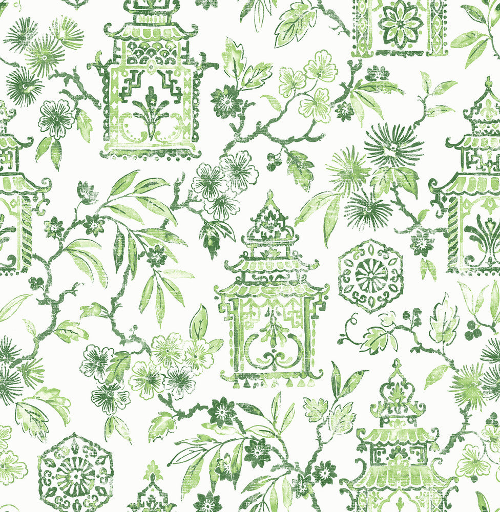Helaine Green Pagoda Wallpaper by A-Street Prints Happy Covers about 56.4 square feet 20.5-in by 33-ft long roll Unpasted 20.9 - Fabric Carolina -