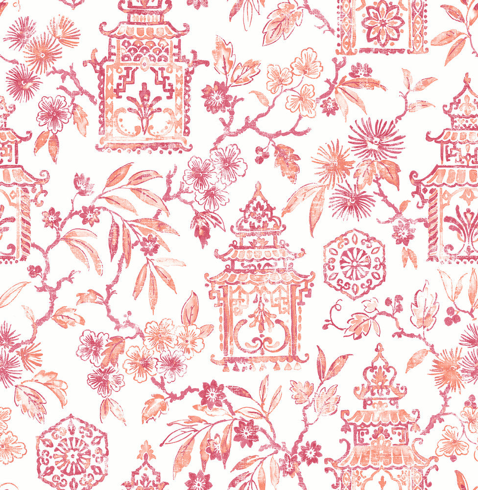 Helaine Coral Pagoda Wallpaper by A-Street Prints Happy Covers about 56.4 square feet 20.5-in by 33-ft long roll Unpasted 20.9 - Fabric Carolina -