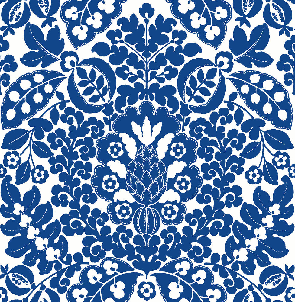 Marni Blue Fruit Damask Wallpaper by A-Street Prints Happy Covers about 56.4 square feet 20.5-in by 33-ft long roll Unpasted 20.9 - Fabric Carolina -