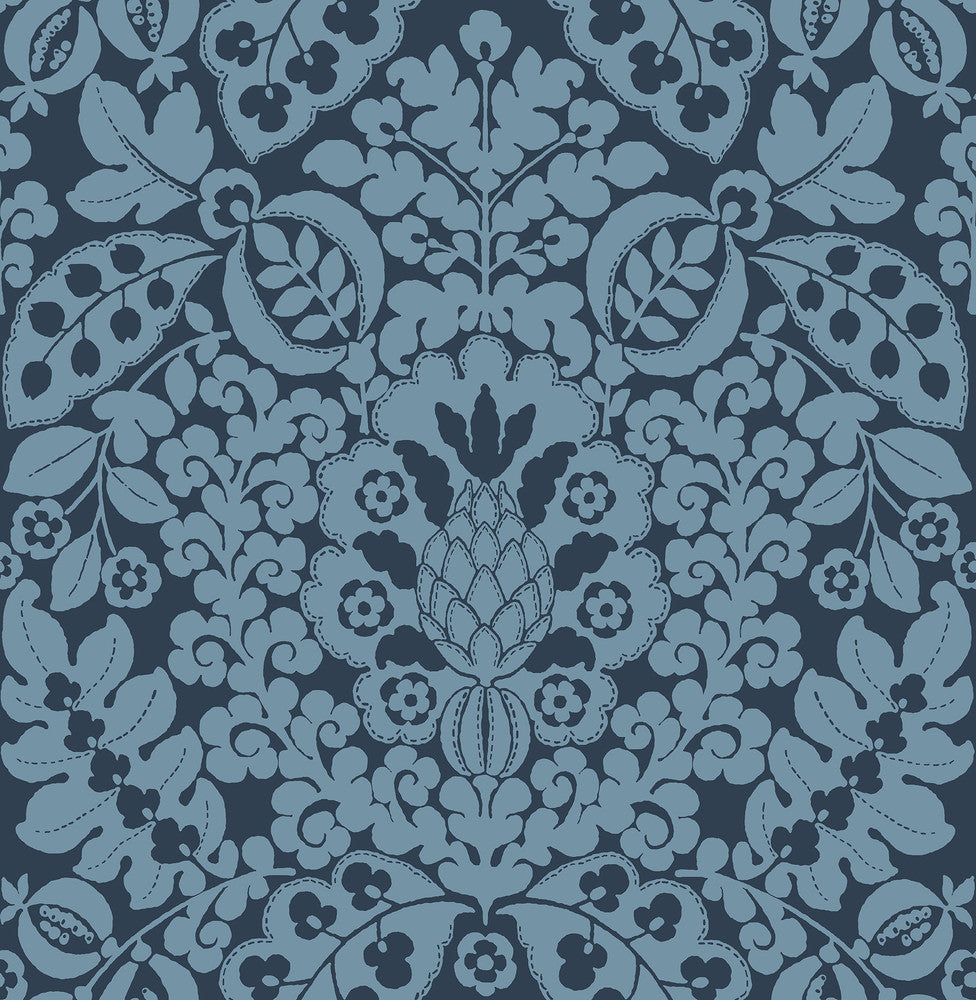 Marni Navy Fruit Damask Wallpaper by A-Street Prints Happy Covers about 56.4 square feet 20.5-in by 33-ft long roll Unpasted 20.9 - Fabric Carolina -