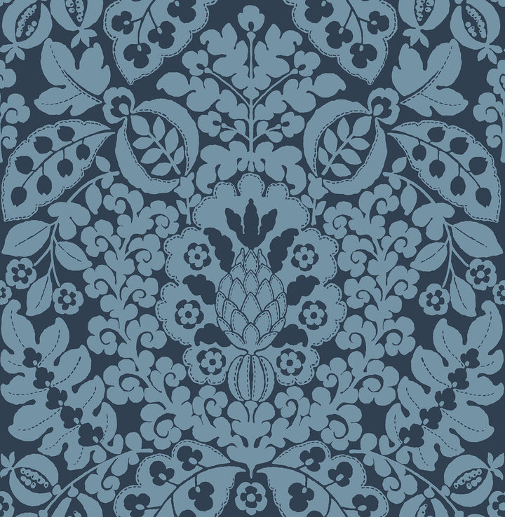 Marni Navy Fruit Damask Wallpaper by A-Street Prints Happy Covers about 56.4 square feet 20.5-in by 33-ft long roll Unpasted 20.9 - Fabric Carolina -