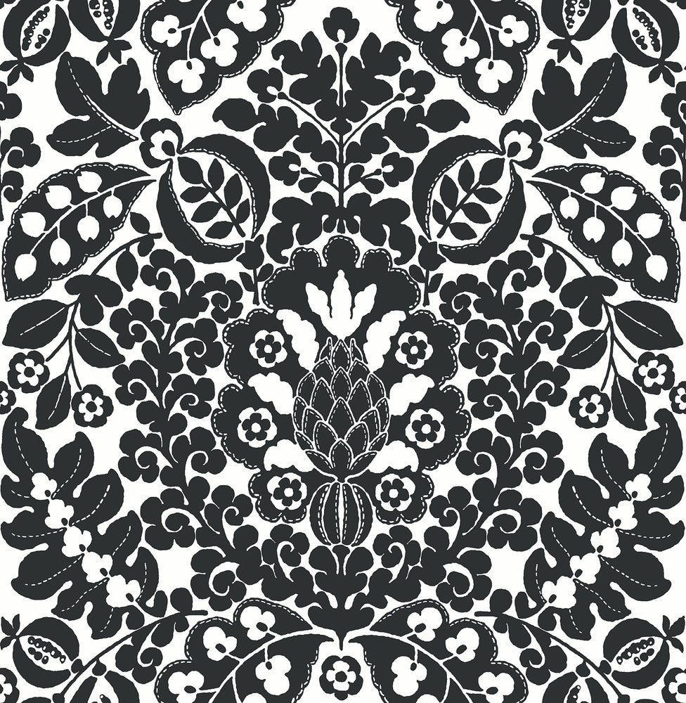 Marni Black Fruit Damask Wallpaper by A-Street Prints Happy Covers about 56.4 square feet 20.5-in by 33-ft long roll Unpasted 20.9 - Fabric Carolina -