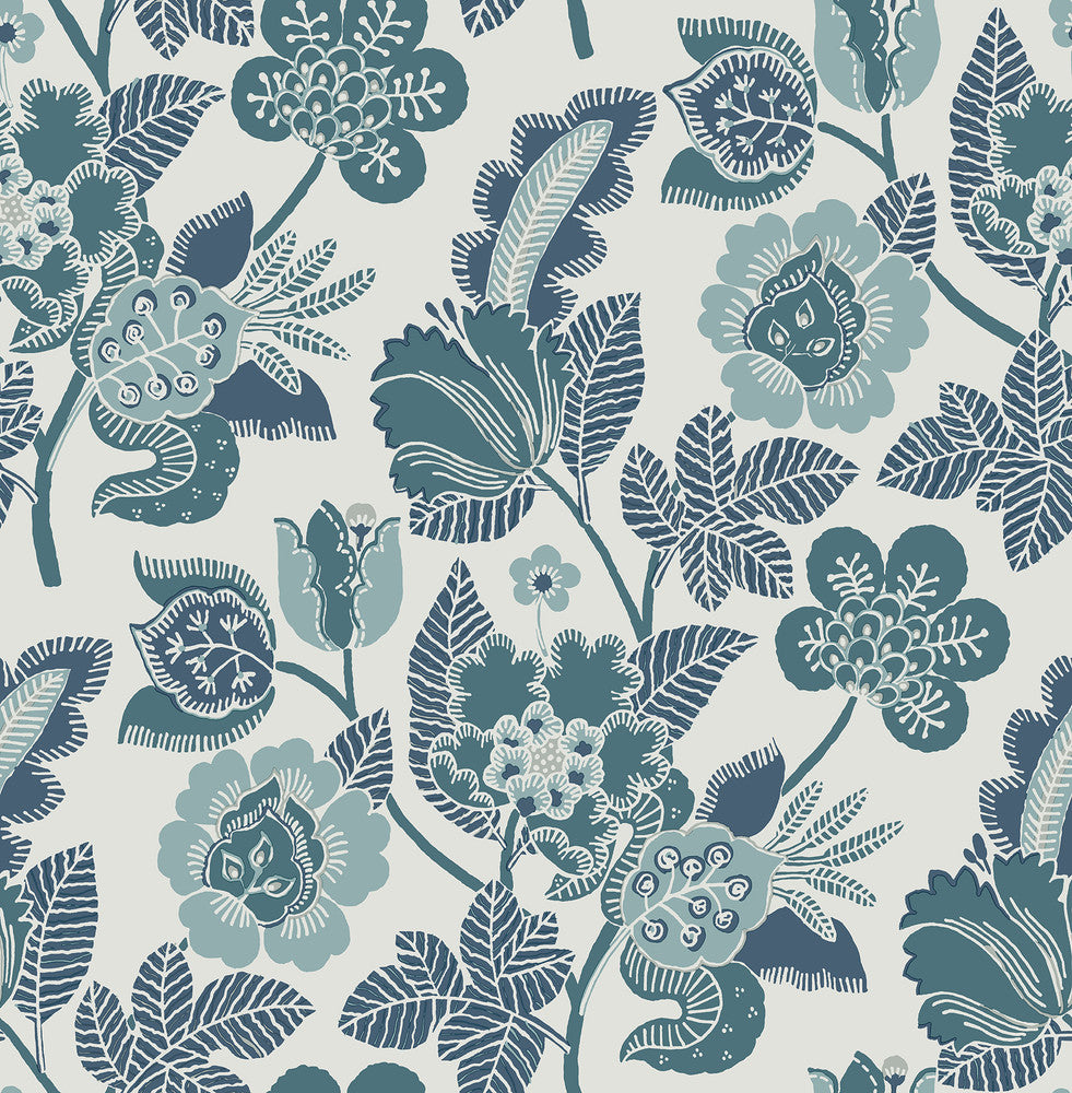 Jana Teal Jacobean Wallpaper by A-Street Prints Happy Covers about 56.4 square feet 20.5-in by 33-ft long roll Unpasted 20.9 - Fabric Carolina -