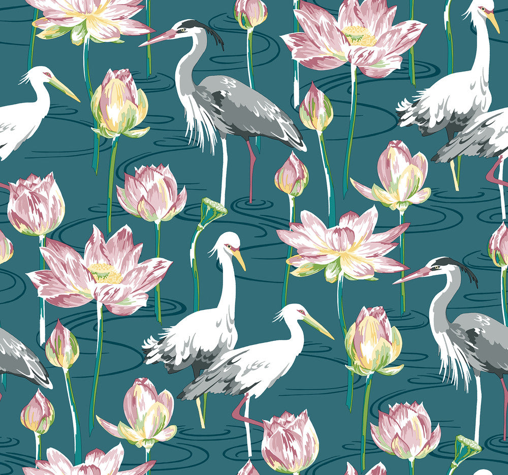 Barton Teal Heron Wallpaper by A-Street Prints Happy Covers about 60.8 square feet 27-in by 27-ft long roll Unpasted 25.25 - Fabric Carolina -