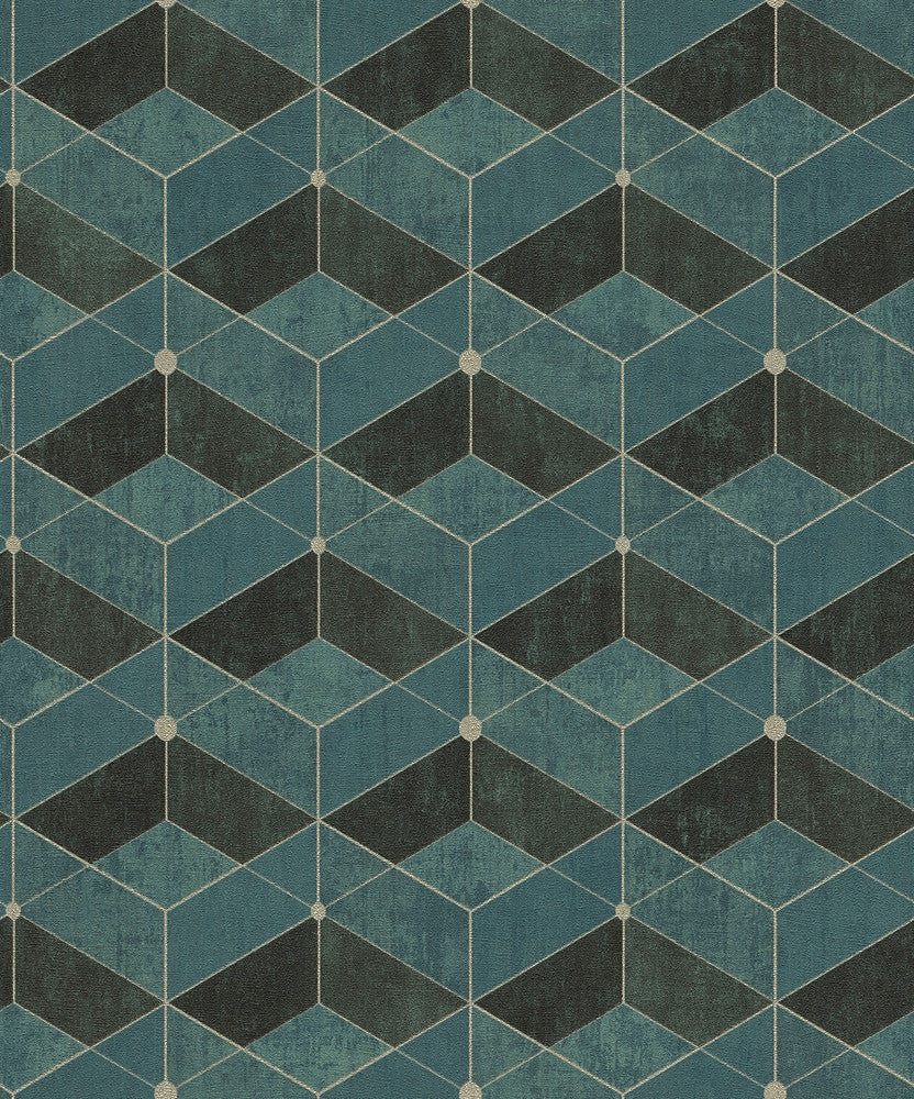 Muir Teal Geo Wallpaper by Advantage Titanium Covers about 57.5 square feet 20.9-in by 33-ft long roll Unpasted 8.3 - Fabric Carolina -