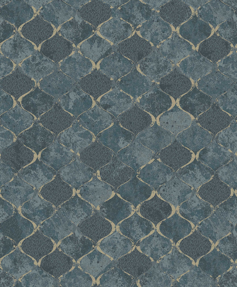 Pilak Blue Ogee Tile Wallpaper by A-Street Prints Lumina Covers about 57.8 square feet 21-in by 33-ft long roll Unpasted 25.2 - Fabric Carolina -