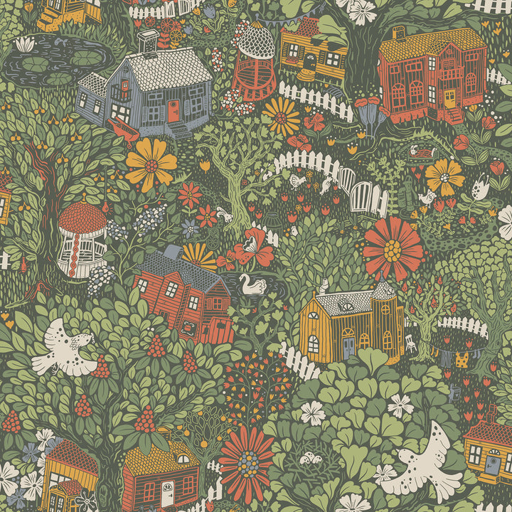Bygga Bo Green Woodland Village Wallpaper by A-Street Prints Briony Covers about 57.5 square feet 20.9-in by 33-ft long roll Unpasted 20.9 - Fabric Carolina -