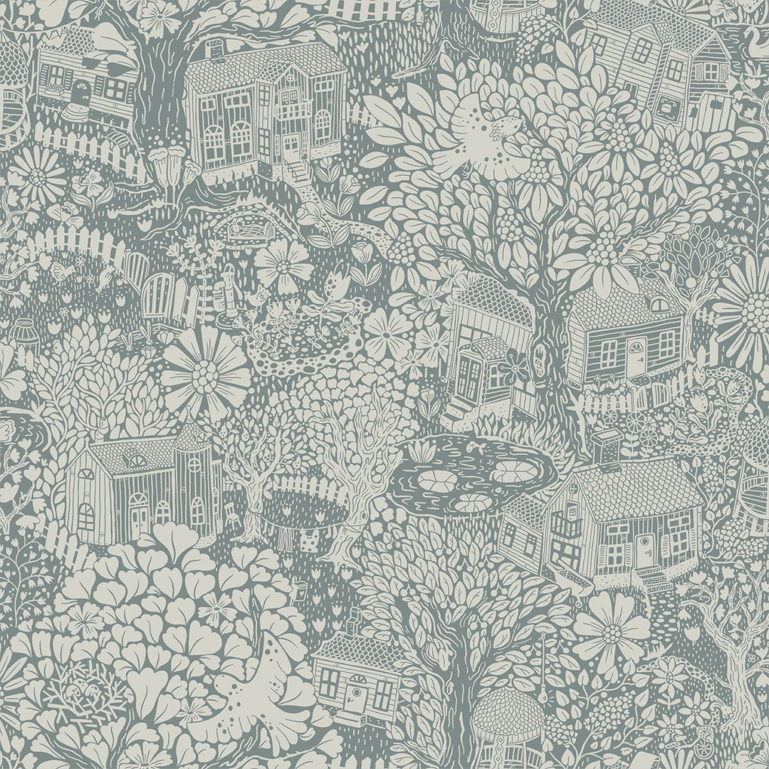 Bygga Bo Blue Woodland Village Wallpaper by A-Street Prints Designer